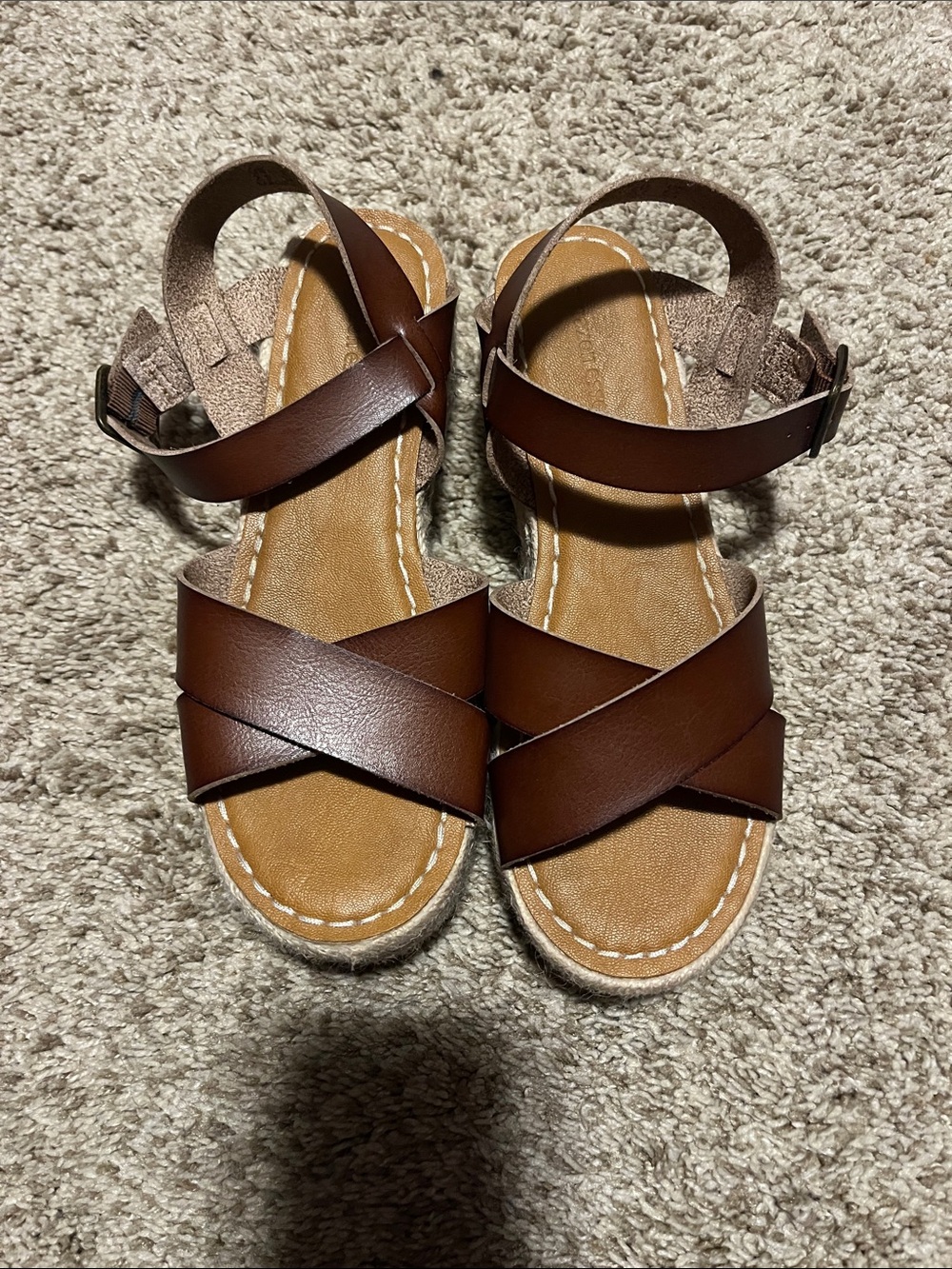 Women's Brown Cross-Strap Wedge Sandals with Ankle Buckle